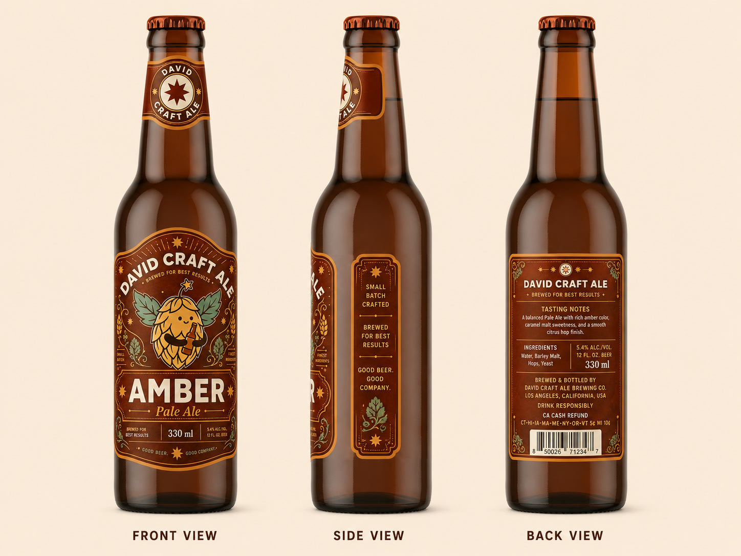 Sticla Amber Pale Ale din față, din lateral și din spate: etichetele de gât, față, lateral și spate