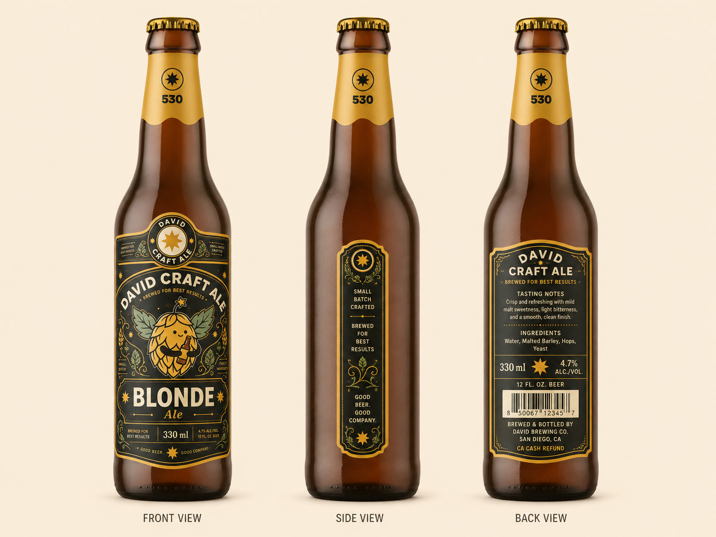 Sticla Blonde Ale din față, din lateral și din spate: etichetele de gât, față, lateral și spate