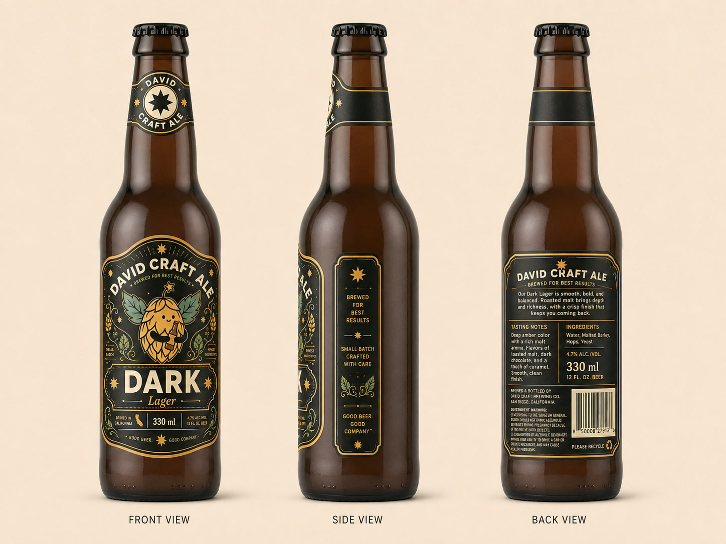 Sticla Dark Lager din față, din lateral și din spate: etichetele de gât, față, lateral și spate